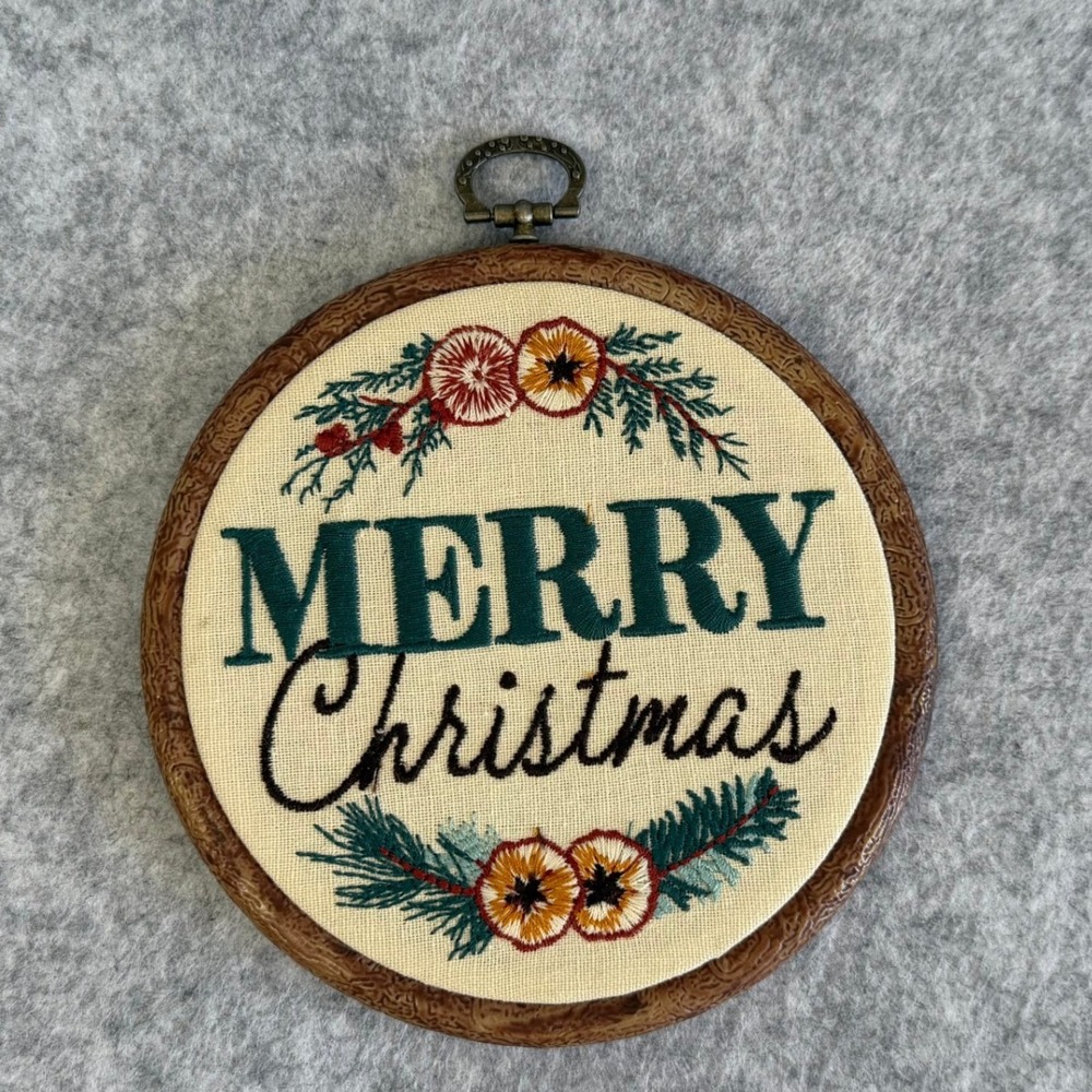 Merry Christmas Cross Stitch - Branches & Dried Orange Slices - Hanging Ornament